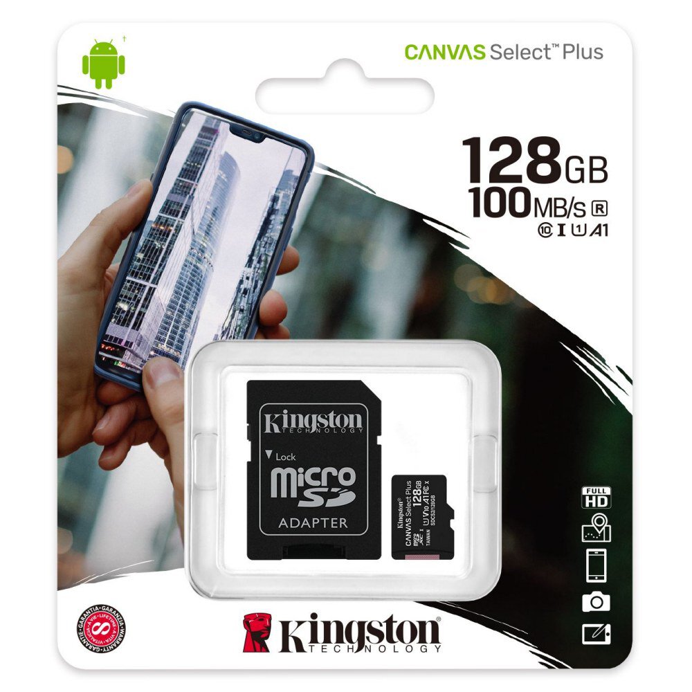 Snelle Kingston 128GB microSD kaart incl SD adapter [85MB/s schrijfsnelheid]